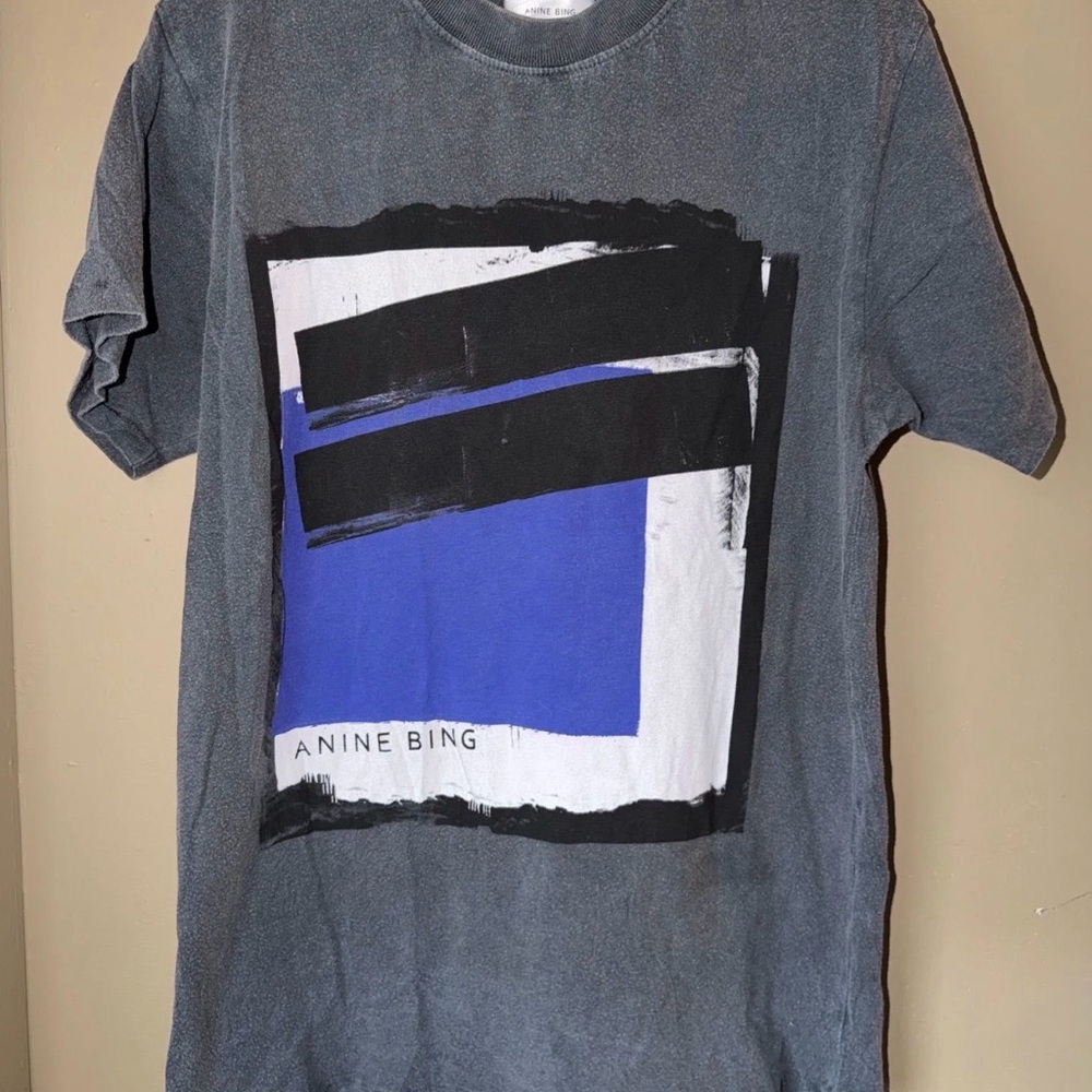 Vintage Anine Bing Men's Graphic T-Shirt in Charcoal with Blue Accent